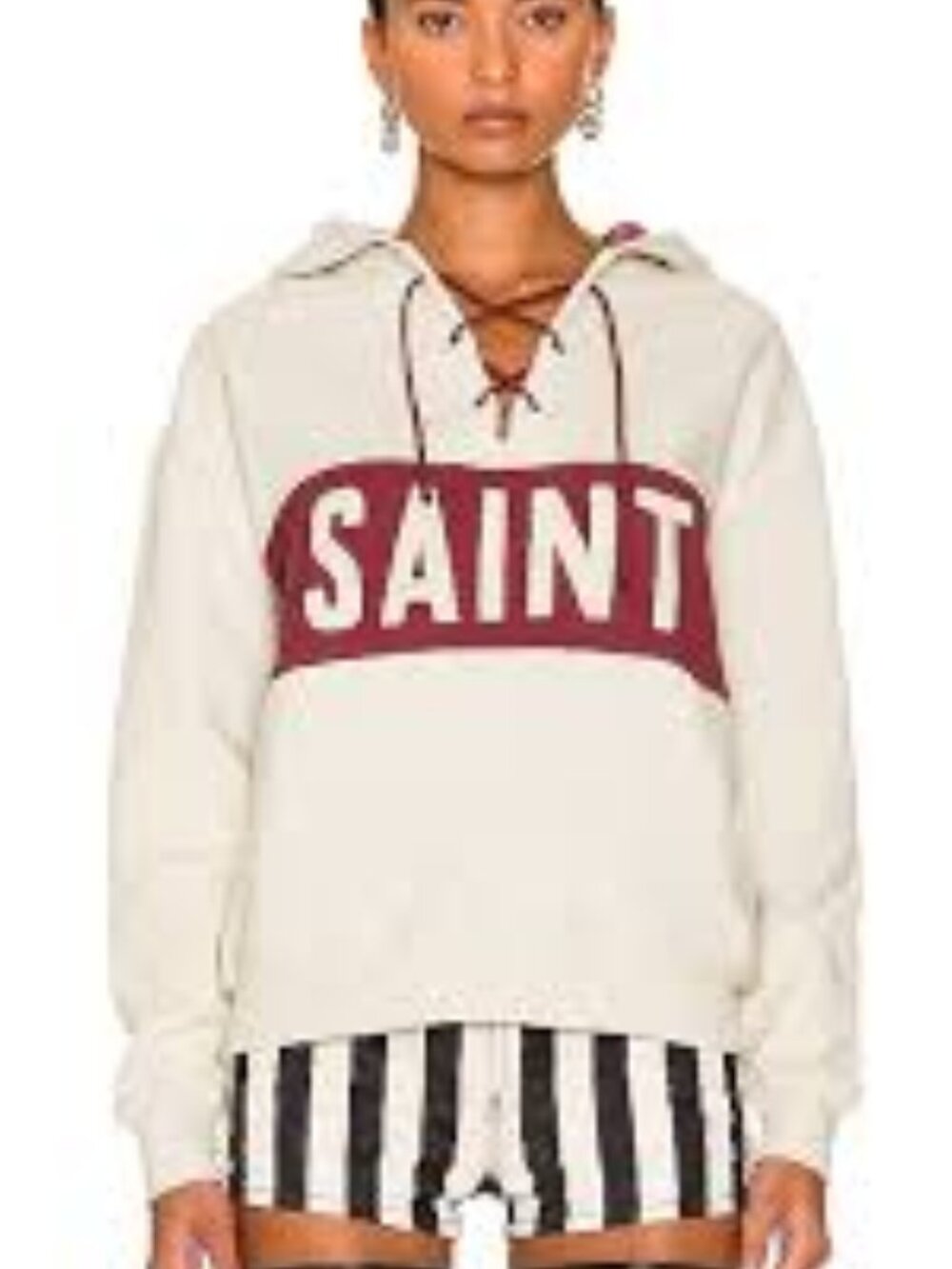 Saint Laurent Lace-Up Logo Hoodie Dirty Creme Bordeaux Size M